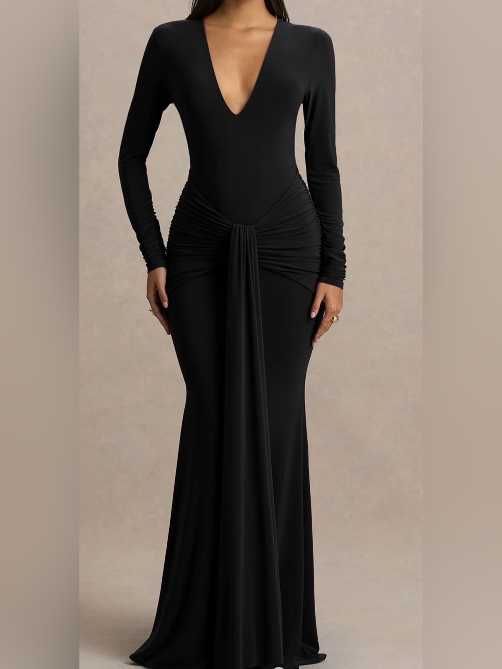 Club L London Black Long Sleeve Knot-Front Maxi Gown